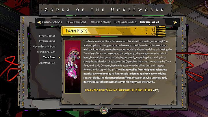 Twin Fist is a weapon you put on the hero's hands, and they are similar to boxing gloves - Hades: Twin Fists - In-game weapons - Hades Guide