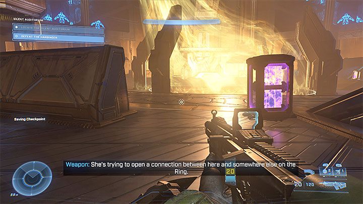 At first, you won't be able to attack Harbinger because she will be inside a kind of a force field - Halo Infinite: Silent Auditorium - walkthrough - Main missions - Halo Infinite Guide