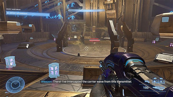 After dealing with inferior enemies, the Weapon will inform you of the possibility to attack Harbinger - Halo Infinite: Silent Auditorium - walkthrough - Main missions - Halo Infinite Guide