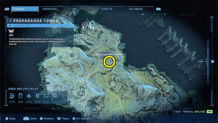 The tower is in the northern part of the region, near Outpost Tremonius - Halo Infinite: Propaganda towers (Connections) - Connections - Halo Infinite Guide