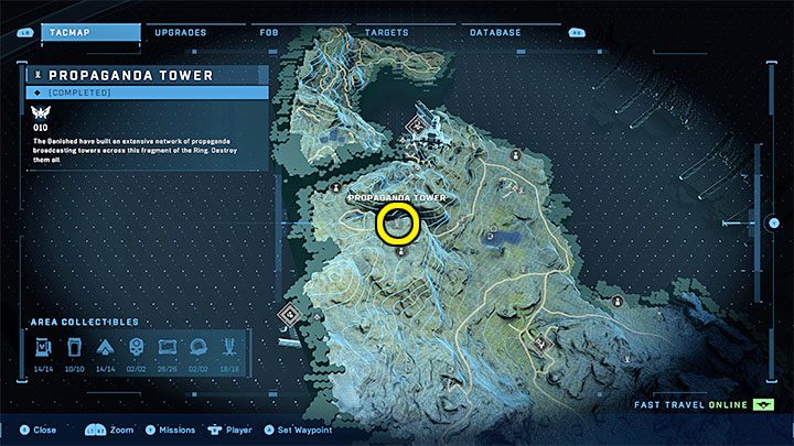 The tower is on a hill in the northern part of the region - Halo Infinite: Propaganda towers (Connections) - Connections - Halo Infinite Guide