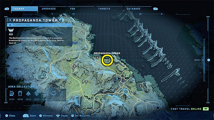 The tower is in the eastern part of the region, near one of the UNSC squads - Halo Infinite: Propaganda towers (Connections) - Connections - Halo Infinite Guide