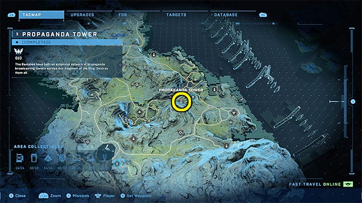 The tower is in the central part of the region, near the Excavation Site - Halo Infinite: Propaganda towers (Connections) - Connections - Halo Infinite Guide