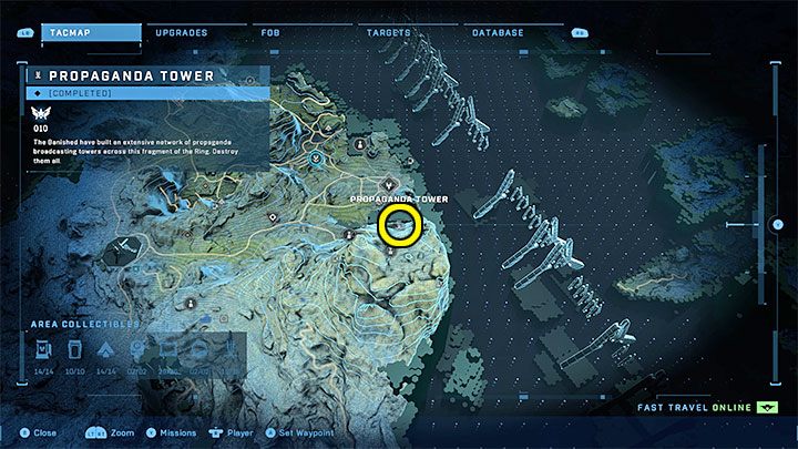 The tower is in the eastern part of the region, near one of the Banished outposts - Halo Infinite: Propaganda towers (Connections) - Connections - Halo Infinite Guide