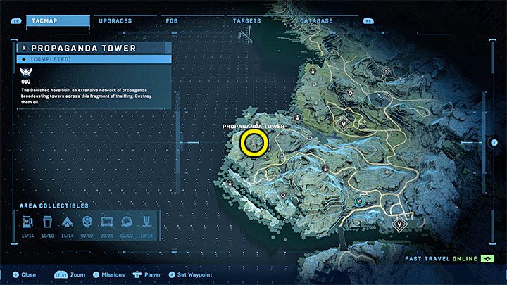 The tower is in the south-western part of the region - Halo Infinite: Propaganda towers (Connections) - Connections - Halo Infinite Guide