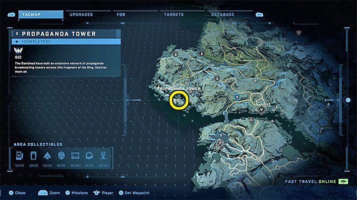 The tower is in the south-western part of the region - Halo Infinite: Propaganda towers (Connections) - Connections - Halo Infinite Guide