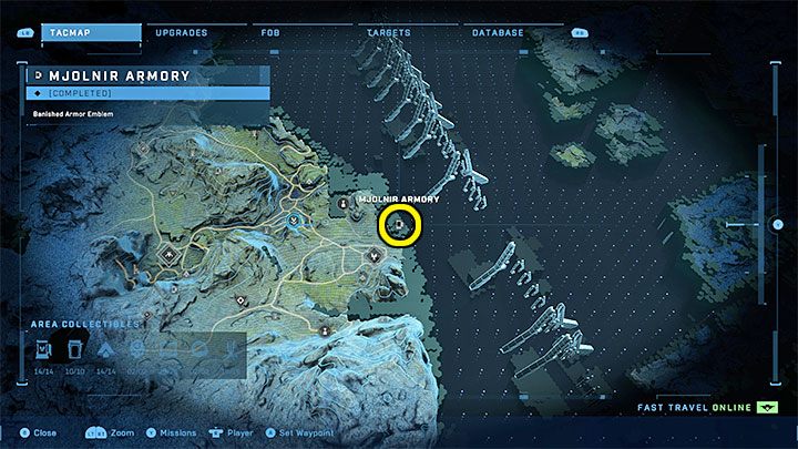 The armory is at the eastern end of the region, next to a pit - Halo Infinite: Mjolnir Armory and Spartan Cores (Connections) - Connections - Halo Infinite Guide