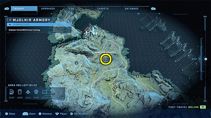 The armory is in the northern part of the region, near one of the Forerunners artifacts - Halo Infinite: Mjolnir Armory and Spartan Cores (Connections) - Connections - Halo Infinite Guide