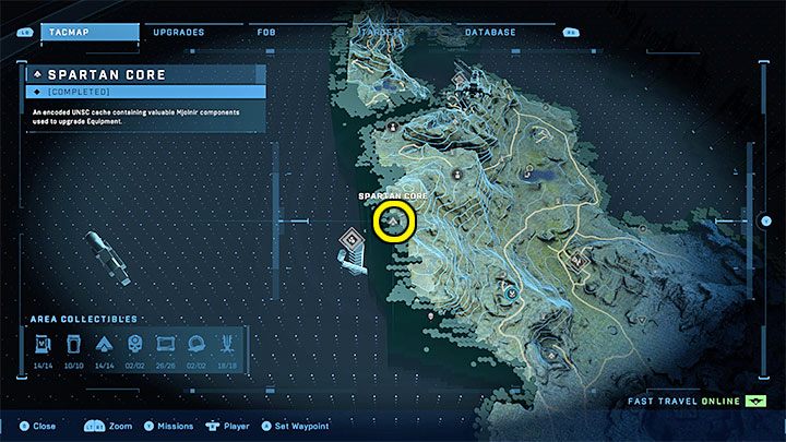 The core is in the north-western part of the region, near a pit - Halo Infinite: Mjolnir Armory and Spartan Cores (Connections) - Connections - Halo Infinite Guide