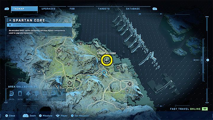 The core is located in the north-eastern part of the region, near the FOB Bravo camp - Halo Infinite: Mjolnir Armory and Spartan Cores (Connections) - Connections - Halo Infinite Guide