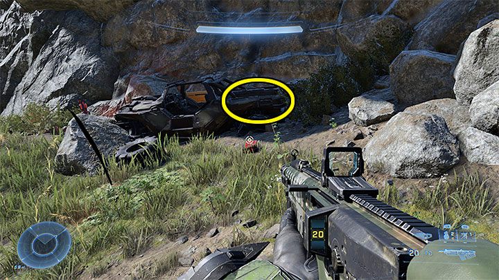 The sought audio log is hidden in the trunk of a wrecked vehicle (screenshot above) - Halo Infinite: Armory of Reckoning (Connections) - collectibles, Spartan Cores, Audio Logs - Contacts - Halo Infinite Guide