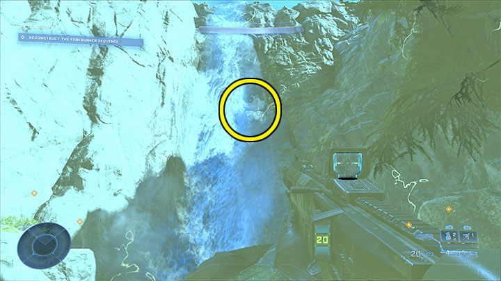 You must get to the very small rock shelf hidden behind the waterfall - we've marked it on the picture, the grappleshot should prove very helpful here - Halo Infinite: Black Eye, 11th skull (open world) - location, where to find? - Skulls - Halo Infinite Guide