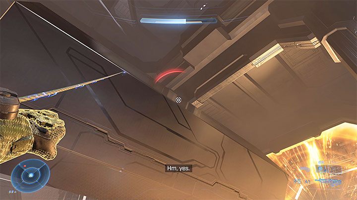 Wait for a good moment to grapple yourself to the moving container - you must, obviously, use the grappleshot - Halo Infinite: Mythic, 3th. skull (Command Spire) - where to find? - Skulls - Halo Infinite Guide