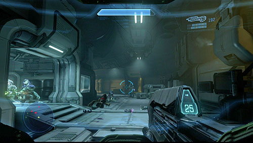 When you exit an elevator, follow one available path, eliminating enemies on the way - Activate the rocket system - Dawn - Halo 4 - Game Guide and Walkthrough