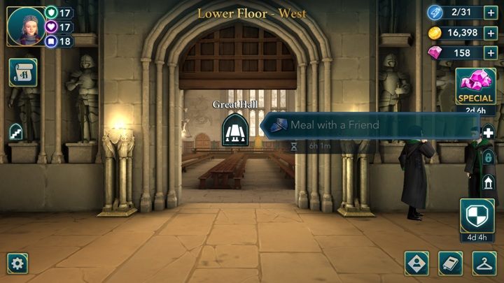 Meal with a Friend - you can dine together in the Great Hall, on the Lower Floor - West - How to develop friendships with fellow students outside of regular missions? - Basic tips - Harry Potter: The Hogwarts Mystery Game Guide