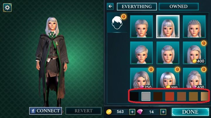 Press the button shown in the screenshot above to choose a hair color for your character - Character creation in Harry Potter The Hogwarts Mystery - Basic tips - Harry Potter: The Hogwarts Mystery Game Guide