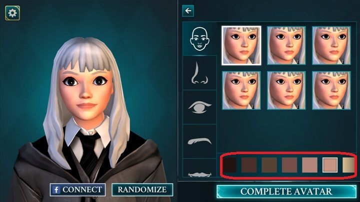 To change the skin color, click on the icon shown in the screenshot above - Character creation in Harry Potter The Hogwarts Mystery - Basic tips - Harry Potter: The Hogwarts Mystery Game Guide