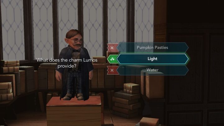 First question: What does the charm Lumos Provide - Answers to teachers questions - Studying in Harry Potter The Hogwarts Mystery - Harry Potter: The Hogwarts Mystery Game Guide