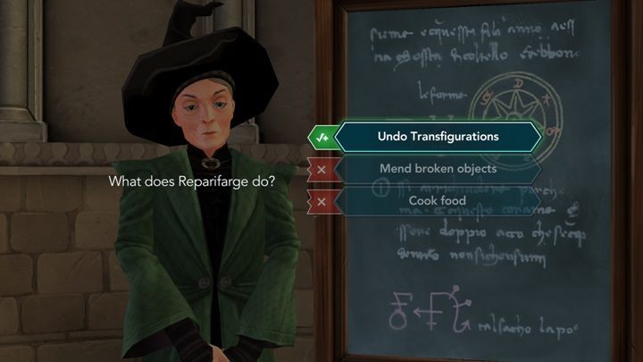 First question: What does Reparifarge do - Answers to teachers questions - Studying in Harry Potter The Hogwarts Mystery - Harry Potter: The Hogwarts Mystery Game Guide