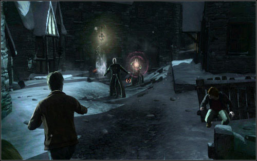 After eliminating the threat, yet another one will show up - the courtyard will be attacked by Death Eaters - Walkthrough - The Streets of Hogsmeade - Harry Potter and the Deathly Hallows Part 2 - Game Guide and Walkthrough