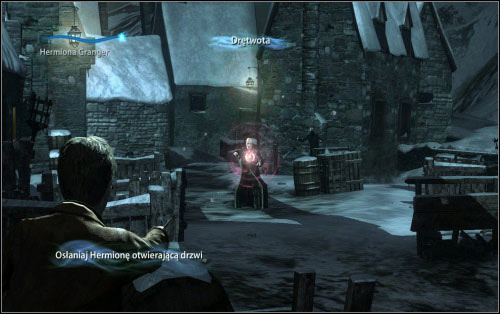 You will be able to pass through the next location without being bothered by enemies - Walkthrough - The Streets of Hogsmeade - Harry Potter and the Deathly Hallows Part 2 - Game Guide and Walkthrough