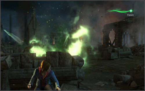 Fenrir shoots green beams and throws kind of bombs, resembling those used by Snape (third chapter) - Walkthrough - The Battle of Hogwarts - Harry Potter and the Deathly Hallows Part 2 - Game Guide and Walkthrough