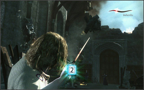 Once the Death Eater's health bar is reduced considerably, she will pick up some debris and throw it at Molly - Walkthrough - Not My Daughter - Harry Potter and the Deathly Hallows Part 2 - Game Guide and Walkthrough