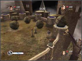 Here you have to lift rocks with Wingardium Leviosa (C) and put them on the turrets - Harry Potter and the Goblet of Fire: Moodys challenges - Harry Potter and the Goblet of Fire: Walkthrough - Harry Potter and the Goblet of Fire Game Guide & Walkthrough