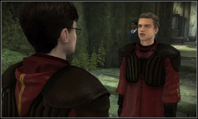 Go through the long corridor [1] and head to the Quidditch Gate - Another Quidditch match - Walkthrough - Harry Potter and the Half-Blood Prince - Game Guide and Walkthrough