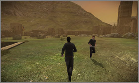 After the meeting ends head to the exit door [1] and after a cutscene, follow Ron [2] - Mon Ron - Walkthrough - Harry Potter and the Half-Blood Prince - Game Guide and Walkthrough