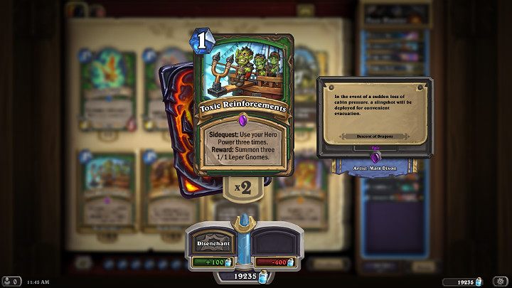 Toxic Reinforcements is a card with Sidequest that was added to Hearthstone in the Descent of Dragons expansion set - Hunter - effective deck - Descent of Dragons - Descent of Dragons - Hearthstone: Heroes of Warcraft Game Guide