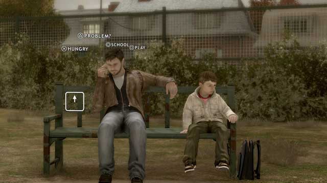 The conversation with your son will not be effective. Notice the boomerang sticking from his backpack - The Park | Heavy Rain Walkthrough - Walkthrough - Heavy Rain HD Guide