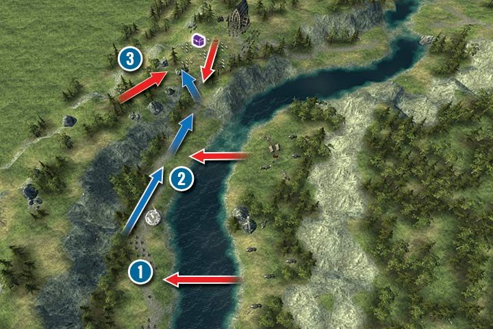 The mission starts in the south, on the rivers left shore (1) - Mission 2 - Sapphire Stream | Elves Campaign - Elves Campaign - Hex Commander Game Guide