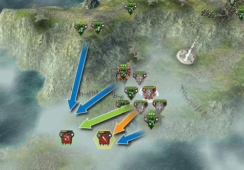 With enough soldiers, the outer fortifications can withstand almost all of the attacks. Sylvius immobilizes melee units (the orange arrow), Mages weaken ranged units (the green arrow), Archers and Scorpions deal damage (blue arrows). - Mission 8 - Runaways | Elves Campaign - Elves Campaign - Hex Commander Game Guide