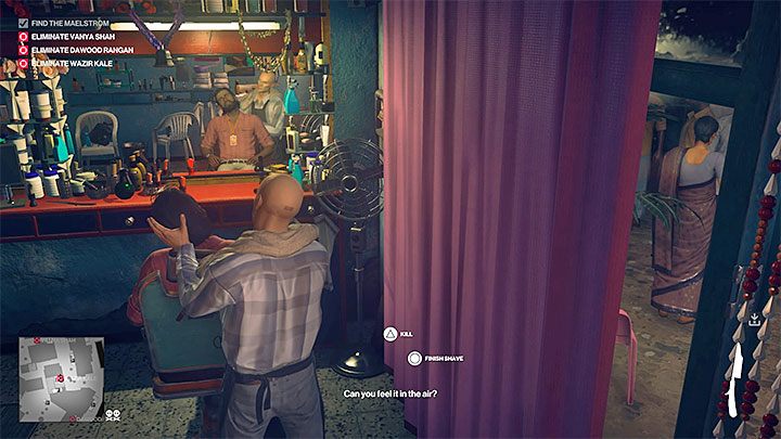 Wait for the Maelstrom to sit in the chair and start shaving - Hitman 2: Story Missions - Chasing a Ghost walkthrough - Chasing a Ghost (Mumbai) - Hitman 2 Guide
