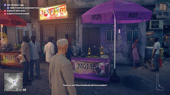 The best way is to start this mission in a food vendor outfit (the reward for reaching Mastery level 11 in Mumbai) - Hitman 2: Assassinating the Maelstrom - Chasing a Ghost walkthrough - Chasing a Ghost (Mumbai) - Hitman 2 Guide