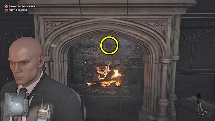 The third image shows a campfire – find the fireplace located on the lower level of the office - Hitman 3: The puzzle with the hidden safe - Dartmoor, walkthrough - Death in the Family - Dartmoor - Hitman 3 Guide