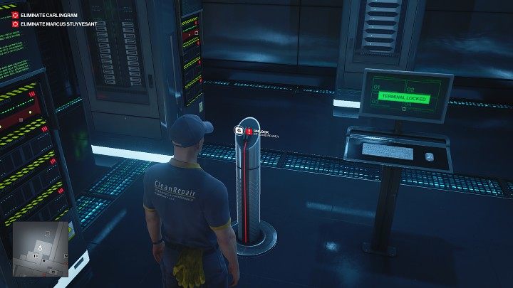 Return to the server room and swipe the access card through the reader - Hitman 3: How The Mighty Fall - Dubai, Mission Stories, walkthrough - On Top of the World - Dubai - Hitman 3 Guide