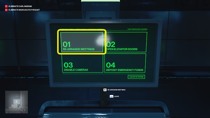 Use the computer, select tile 1 (Re-arrange meetings) and set up a fictional meeting with the Partners - Hitman 3: How The Mighty Fall - Dubai, Mission Stories, walkthrough - On Top of the World - Dubai - Hitman 3 Guide
