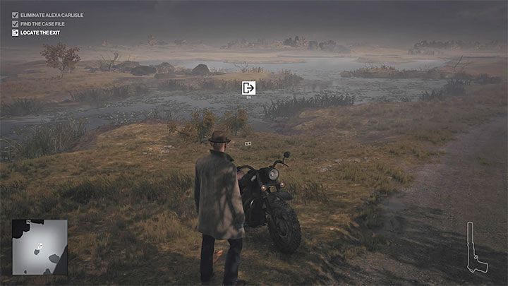 When completing the mission for the first time, you have to return to the motorcycle to complete the mission (point 1 on the map) - Hitman 3: Dartmoor map - how to leave? - Death in the Family - Dartmoor - Hitman 3 Guide