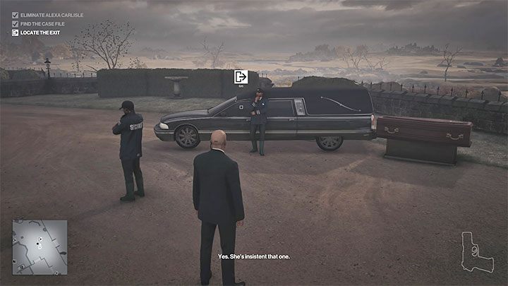 The hearse stands in the driveway in front of the mansion(point 13 on the map) - Hitman 3: Dartmoor map - how to leave? - Death in the Family - Dartmoor - Hitman 3 Guide