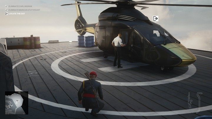 Climb the ladder to the landing area (watch out for two guards) and go around the machine on the left side - Hitman 3: Dubai Map (Burj Al-Ghazali) - how to leave? - On Top of the World - Dubai - Hitman 3 Guide