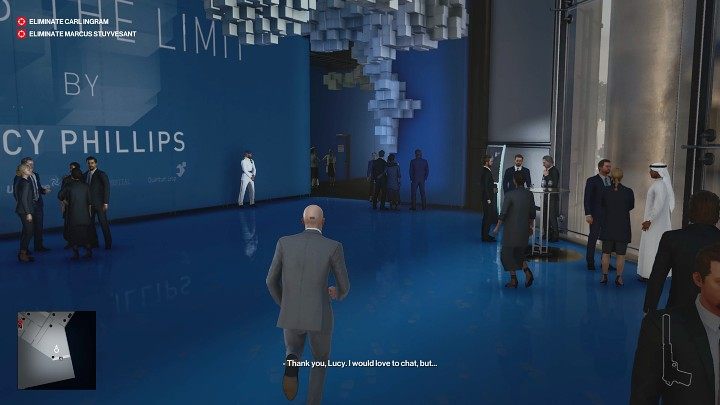 In the beginning, go through the bar area and head to the art gallery - Hitman 3: Carl Ingram - how to kill him? Dubai, walkthrough - On Top of the World - Dubai - Hitman 3 Guide