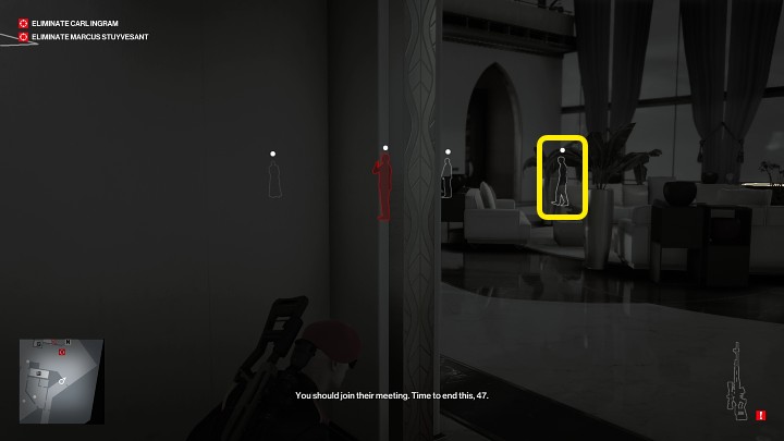 Walk forward until you reach the main living room of the penthouse - Hitman 3: Carl Ingram - how to kill him? Dubai, walkthrough - On Top of the World - Dubai - Hitman 3 Guide
