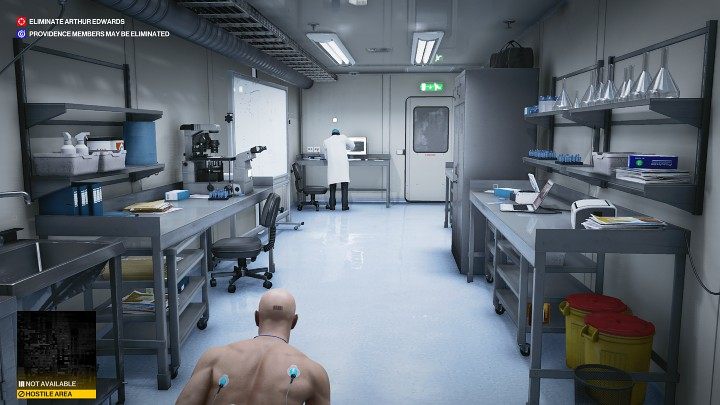 After Agent 47 wakes up in one of the lab rooms, get out of bed and go through the glass door - Hitman 3: Eliminating Arthur Edwards Carpathian Mountains, walkthrough - Untouchable - Carpathian Mountains - Hitman 3 Guide