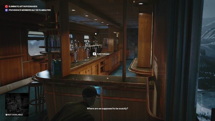 Jump over the bar counter, then go behind the guards to the window on the right and go outside again - Hitman 3: Eliminating Arthur Edwards Carpathian Mountains, walkthrough - Untouchable - Carpathian Mountains - Hitman 3 Guide