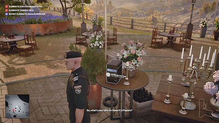 You will find a Voltage Regulator near the microphone stand - Hitman 3: How to kill Don Archibald Yates? Mendoza, walkthrough, guide - The Farewell - Mendoza - Hitman 3 Guide