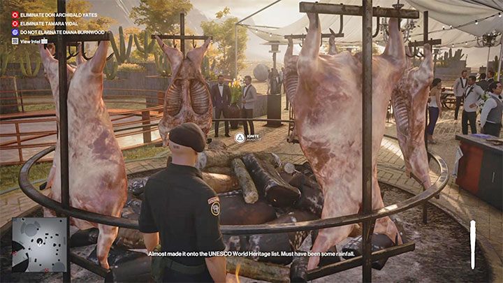 Return to the Asado (point nr 41 on the map), approach the bonfire and use the torch to light it - Hitman 3: How to kill Don Archibald Yates? Mendoza, walkthrough, guide - The Farewell - Mendoza - Hitman 3 Guide