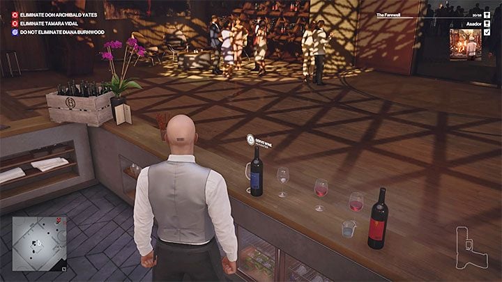 You'll also find a bottle of blue Pinot Noir wine in the aforementioned stash - Hitman 3: How to kill Tamara Vidal? Mendoza, walkthrough, guide - The Farewell - Mendoza - Hitman 3 Guide