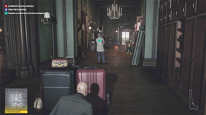 The best place to attack the investigator and remain unnoticed is to lure him to the side hallway with the showcases adjacent to the foyer(point 21 on the map) - Hitman 3: Means, Motive and Opportunity - Dartmoor, mission story, walkthrough - Death in the Family - Dartmoor - Hitman 3 Guide